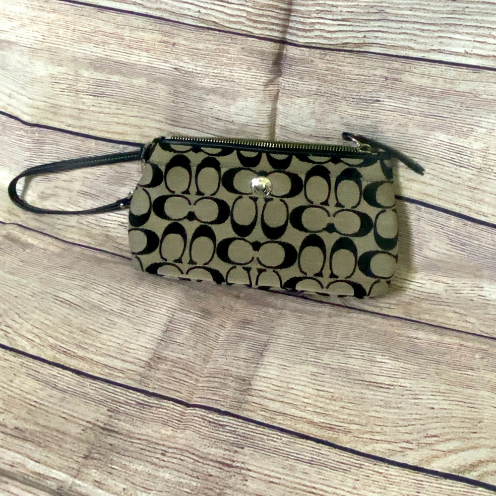 Coach black and gray wristlet/clutch with front pocket and zipper